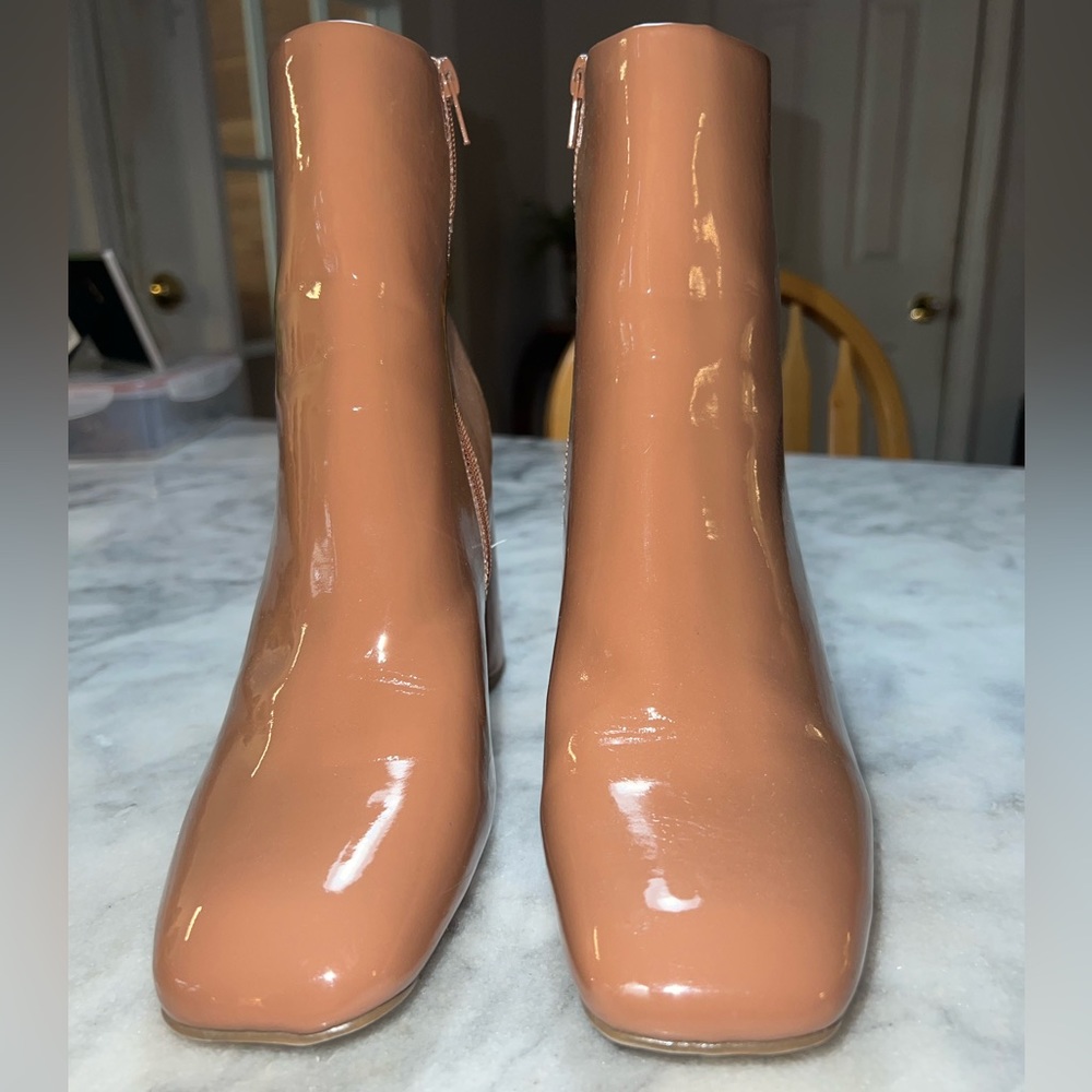 Madden Girl while square toe booties, glossy tan, size 10M, good condition